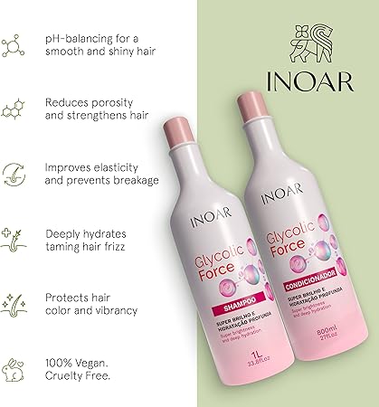 Inoar, Glycolic Force Kit Shampoo e Condicionador para Hidratação Profunda, Brilho Intenso e Recuperação Capilar – 800ml - Imagem 2