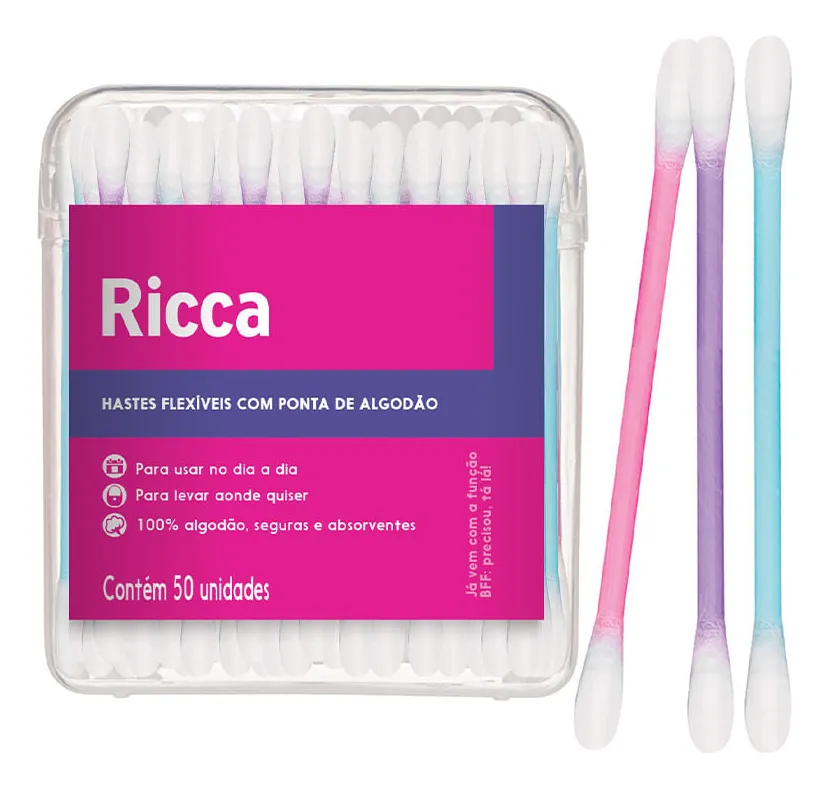 Hastes Flexíveis Ricca C/ Pontas De Algodão C/ 50 Unidades no Pote